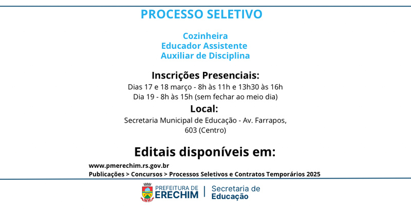Secretaria de Educação abre processo seletivo simplificado para os cargos de Cozinheira(o), Educador(a) Assistente e Auxiliar de Disciplina
