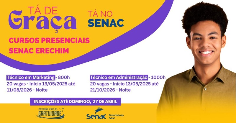 Qualificação gratuita: inscrições até domingo para dois cursos técnicos presenciais no Senac