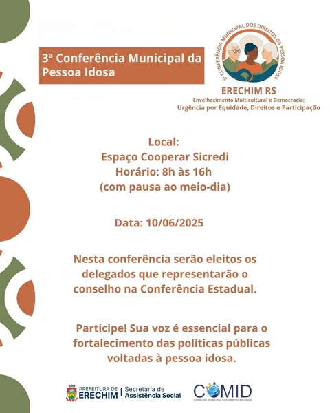 Erechim realiza 3ª Conferência Municipal do Idoso na próxima terça-feira
