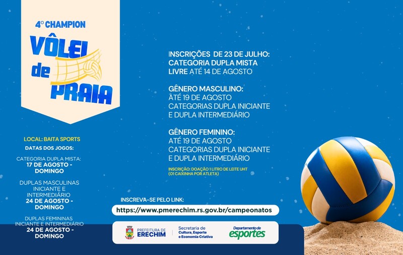Inscrições abertas para o 4º Champion de Vôlei de Praia em Erechim