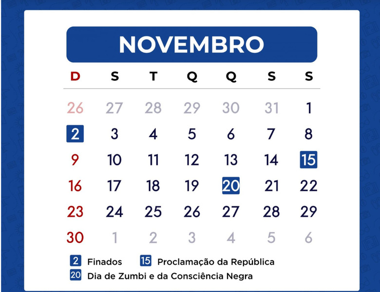 Novembro terá três feriados nacionais; apenas um em dia útil