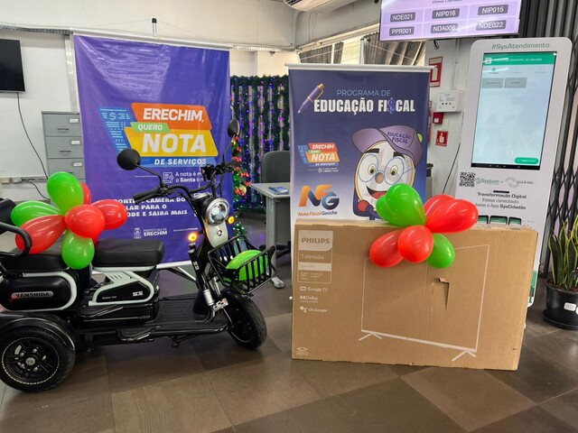 Sorteio de dezembro do Nota Fiscal Gaúcha entrega TV e triciclo elétrico em Erechim
