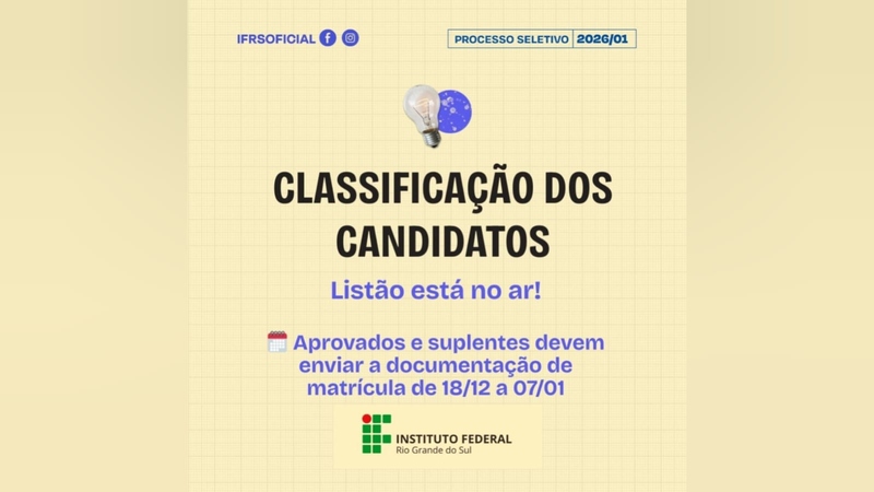 IFRS divulga classificação do Processo Seletivo 2026/01