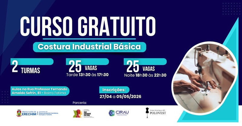 Inscrições abertas para curso gratuito de Costura Industrial Básica