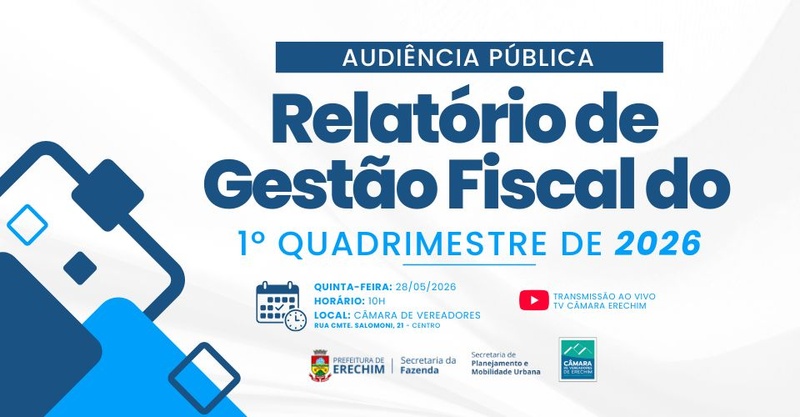 Audiência Pública com apresentação do Relatório de Gestão Fiscal do 1º Quadrimestre de 2026 será nesta quinta-feira 