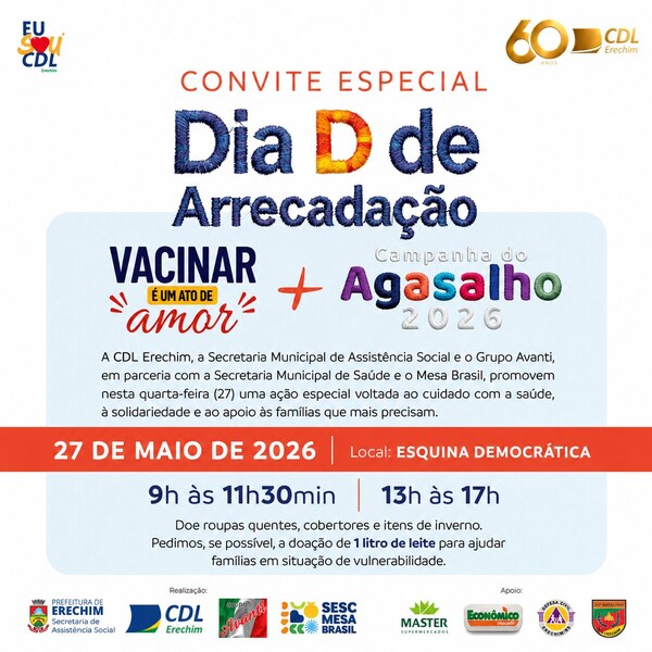 Erechim promove Dia D solidário com vacinação, arrecadação de agasalhos e doação de leite