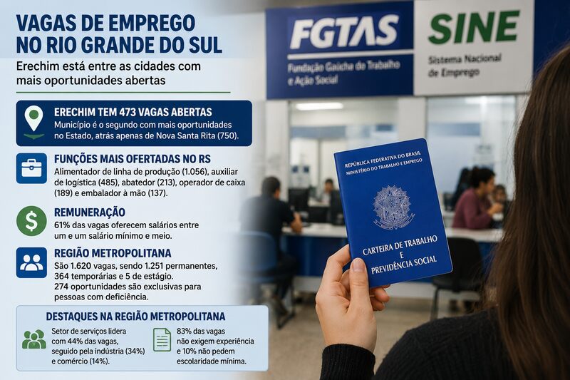 Erechim está entre as cidades com mais vagas abertas no RS, aponta FGTAS/Sine
