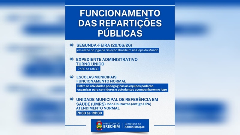 Prefeitura de Erechim terá horário especial na segunda-feira durante jogo da Seleção Brasileira