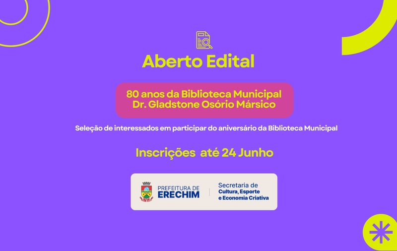 Biblioteca Municipal abre inscrições para programação dos 80 anos em Erechim
