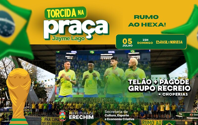 Torcida na Praça reúne comunidade para acompanhar Brasil x Noruega em telão na Praça Jayme Lago