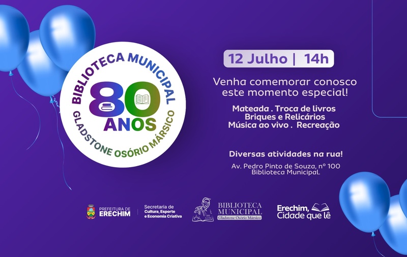 Biblioteca Municipal de Erechim celebra 80 anos com programação gratuita para toda a família