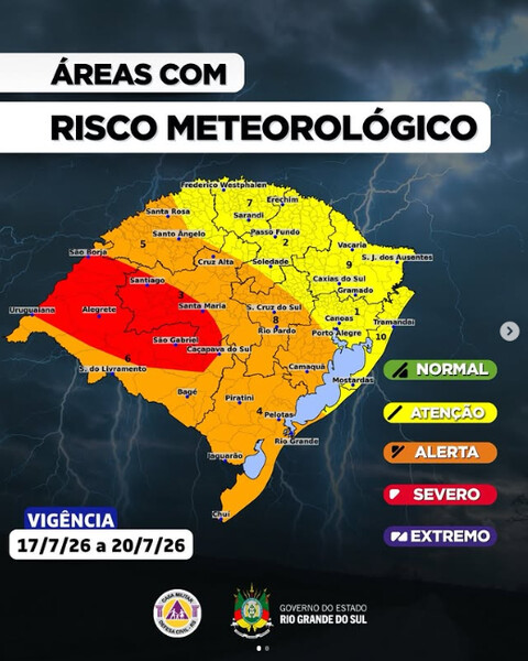 Defesa Civil emite alerta vermelho para temporais no RS