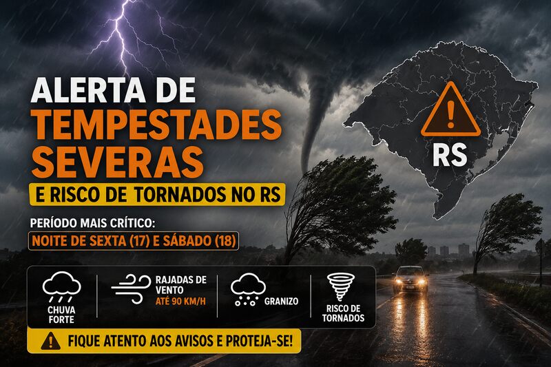 Defesa Civil alerta para tempestades severas e risco de tornados no Rio Grande do Sul