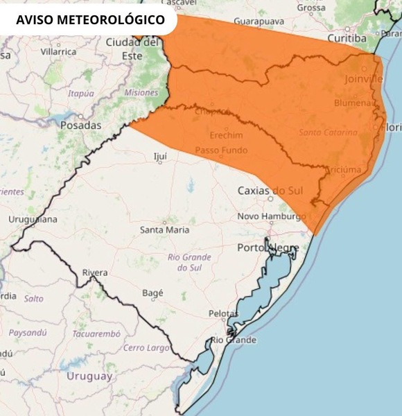 INMET emite alerta de perigo para tempestades com ventos de até 100 km/h e granizo no Sul do Brasil