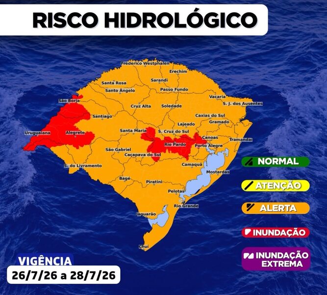 Defesa Civil emite alerta para temporais no RS com chuva intensa, granizo e ventos acima de 90 km/h