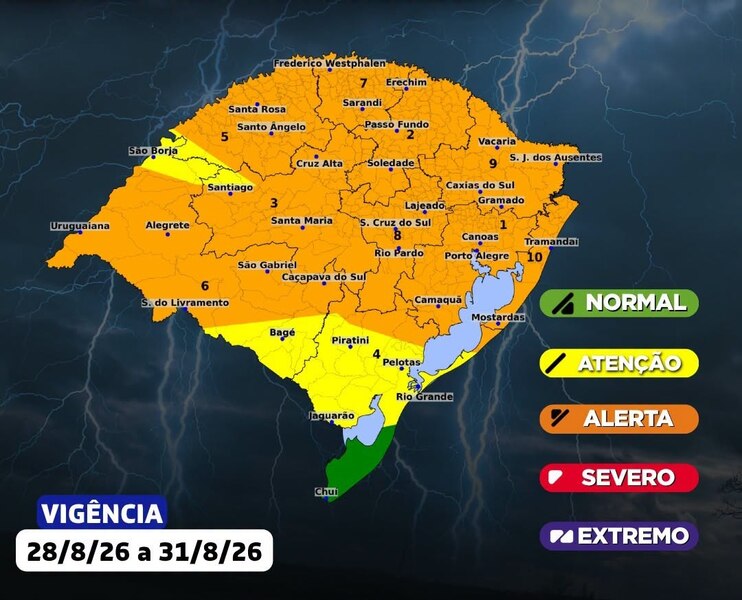 Defesa Civil alerta para temporais e mais de 250 mm de chuva no Norte do RS até segunda-feira