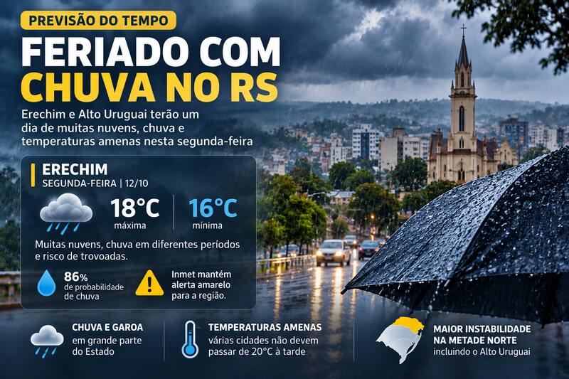 Feriado terá céu encoberto, chuva e temperaturas amenas em Erechim e no Alto Uruguai
