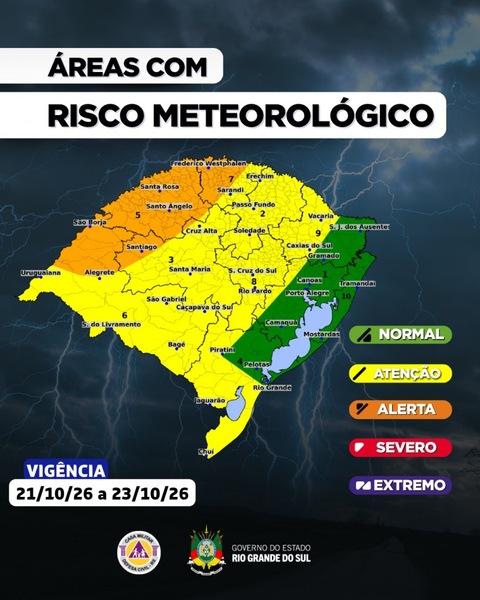 Defesa Civil alerta para temporais com granizo grande e ventos acima de 80 km/h no Norte do RS