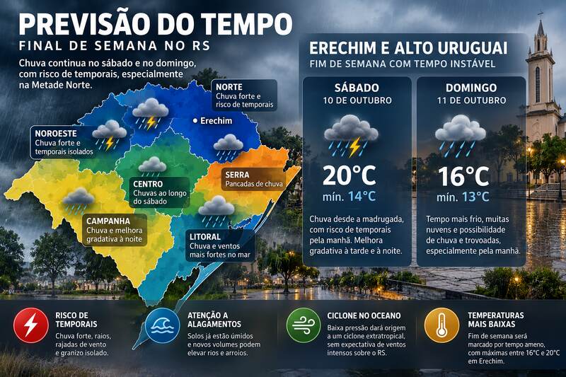 Chuva e risco de temporais marcam o sábado no RS; Alto Uruguai terá instabilidade também no domingo