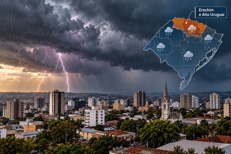 Terça-feira terá chuva e risco de temporais no Alto Uruguai; Defesa Civil alerta para vento forte e granizo